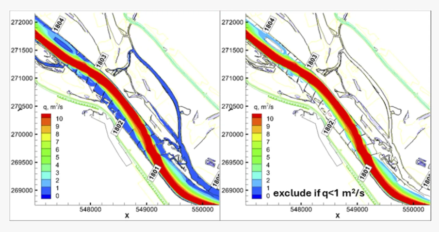 Determination of effective flow conveyance width based on 2D simulated specific flow discharge field.